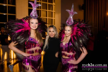 Roaming dancers interacting with guests alongside MC at a Melbourne New Year’s Eve event during live entertainment